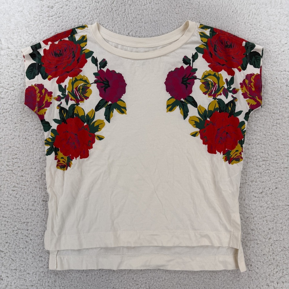 Anthropologie Shirt Womens Medium Multicolor Floral Crew Neck Cap Sleeve Tee Top